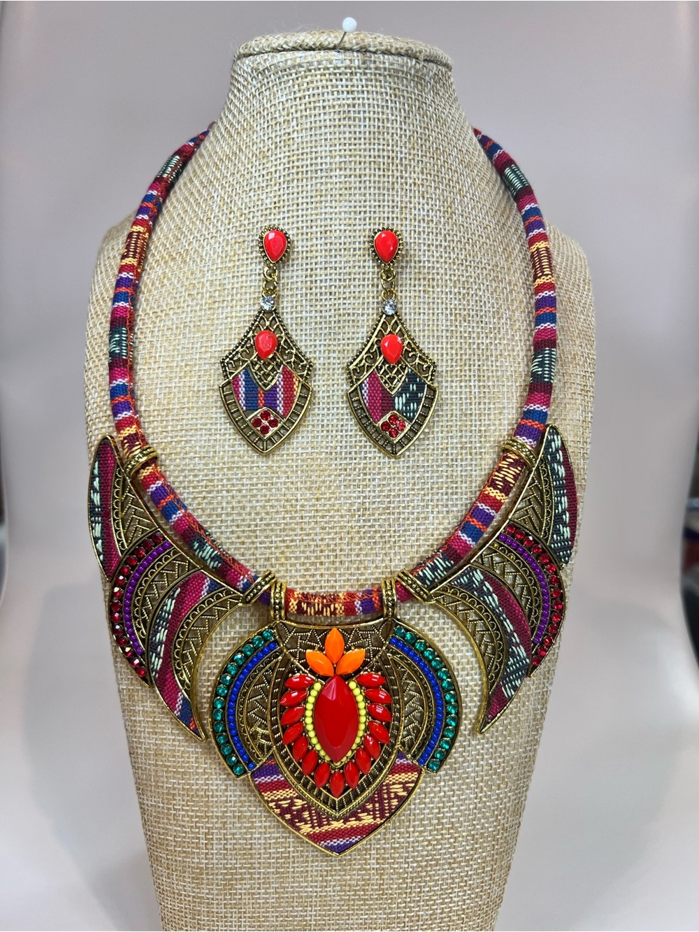 NEW ethnic tribal boho millet beads fabric chunky bib style necklace earring set
